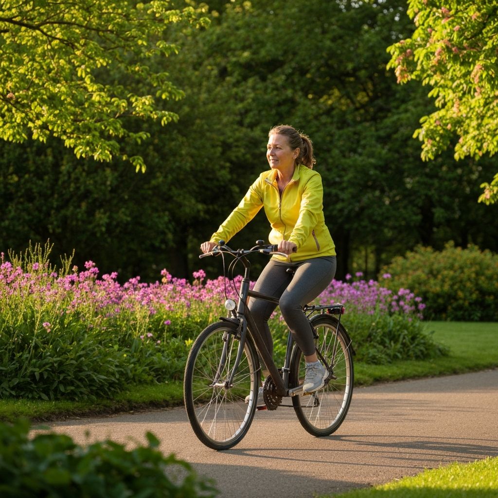 Person cycling in morning light through park during commute