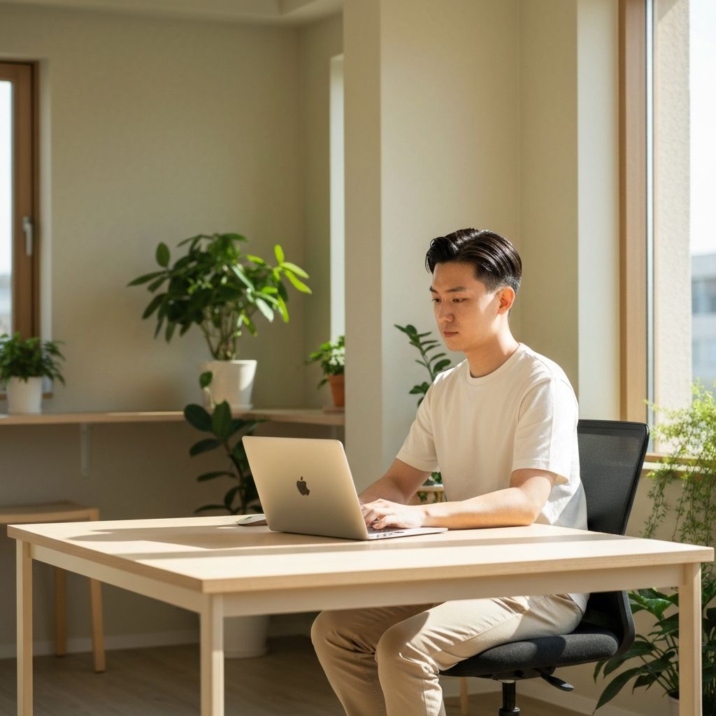 Calm home office workspace with natural light and laptop during work hours