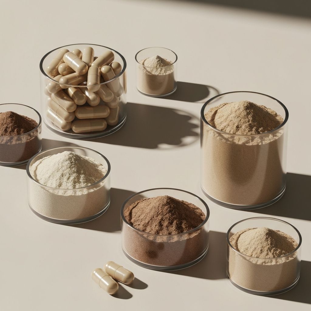 Various supplement formats displayed in minimalist containers showing different delivery methods